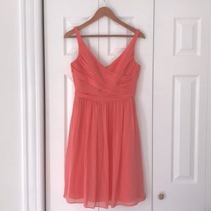 David’s Bridal chiffon bridesmaid dress, coral